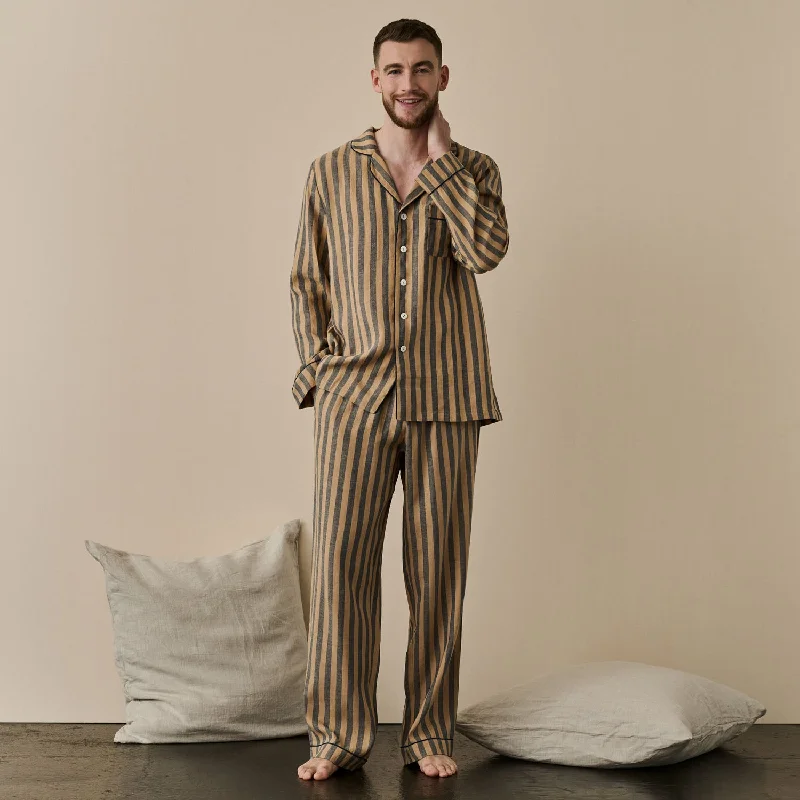 Blue & Porcini Striped Linen Men's PJ Trouser Set