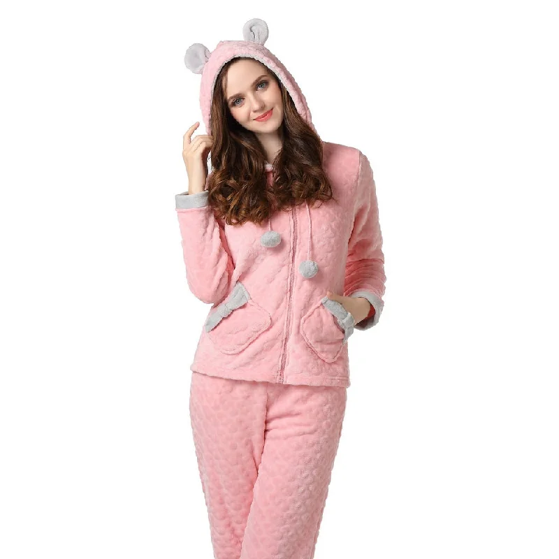 RH Women's Comfy Hooded Ears Two Piece Long Sleepwear Lounge Pajama Set UNISIZE RHW2321