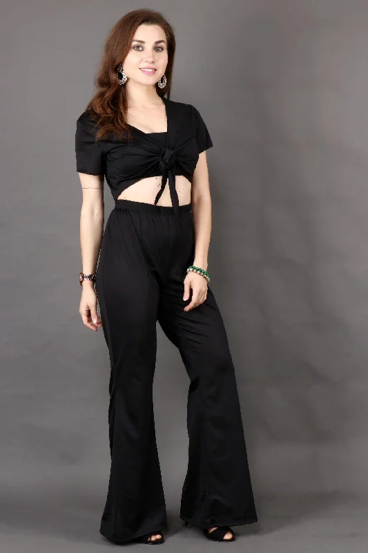 Black Solid Front Tie Top with Flared Pyjama