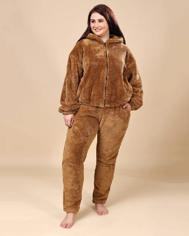 Solid Fur Jacket and Pants Co-ord Set-Golden Brown