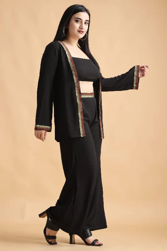 Black Solid Lurex Shrug with Palazzo Set