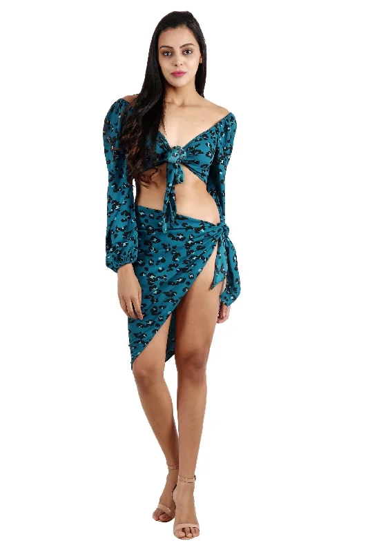 Blue Animal Printed Crop Top with Sarong