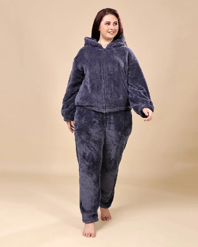 Solid Fur Jacket and Pants Co-ord Set-Blue Grey