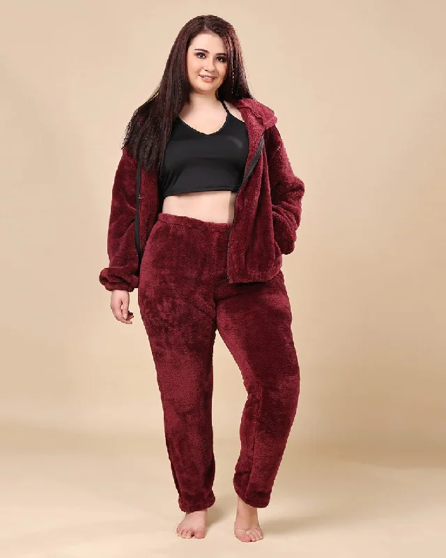 Solid Fur Jacket and Pants Co-ord Set-Maroon