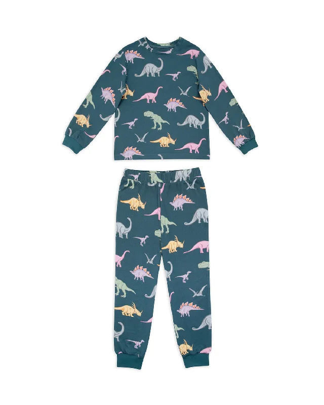 Kids Dinosaur Print Long Pyjama Set - Dark Teal