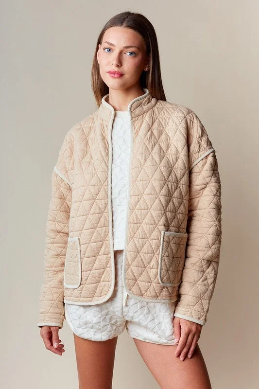 Sports Team JacketsAmy Long Sleeve Open Front Quilted Shacket Taupe