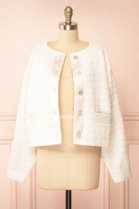 Track JacketsAnissa | Jewel Button-Up Ivory Tweed Jacket