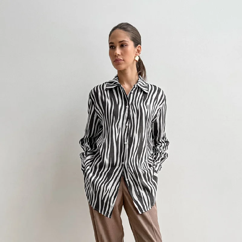 Wrap ShirtsAutumn Printed All Matching Zebra Print Loose Collared Long Sleeves Shirt Russian Classic Retro Shacket Women