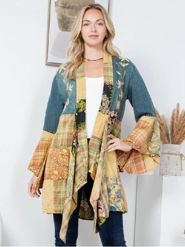 Thermal JacketsDenim Embroidered Patchwork Kimono