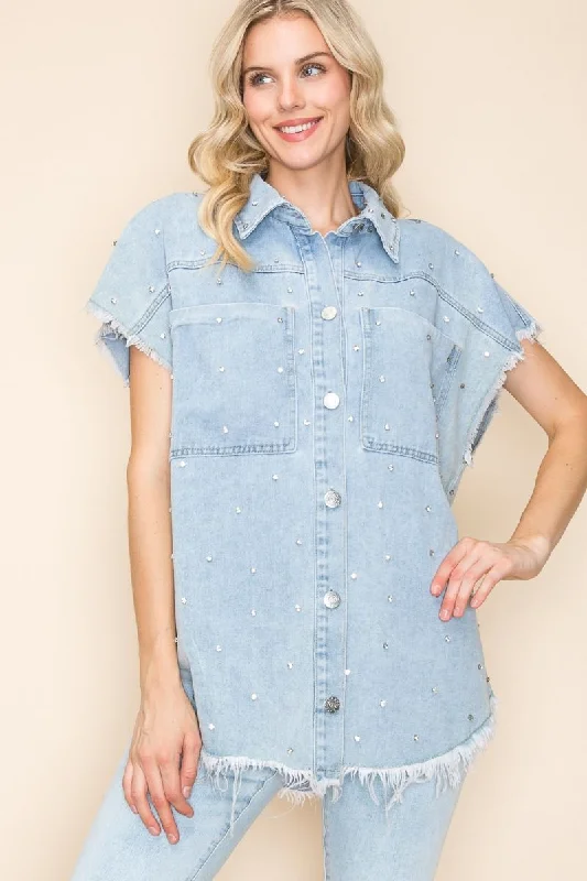 Festival JacketsDenim Short Sleeve Top w/Rhinestones & Raw Hem