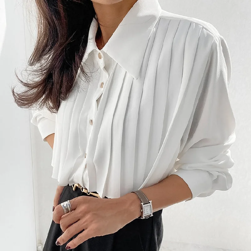 Metallic ShirtsFall French Casual Elegant Chiffon White Niche Pleated Advanced Feeling Tong Qin Long Sleeve Women Shirt