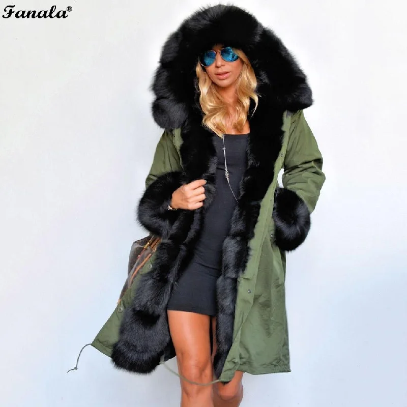 Hooded JacketsFANALA 2018 Fashion Women's  Faux Fur Lining Hooded Long Coat Parkas Outwear Army Green Large Raccoon Fur Collar Winter Jacket