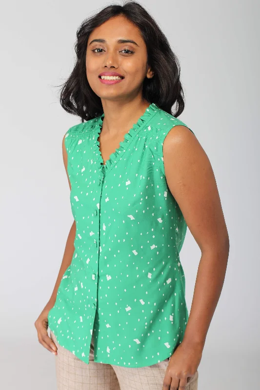 Zippered ShirtsGreen Snow Flowy Shirt with Ruffles