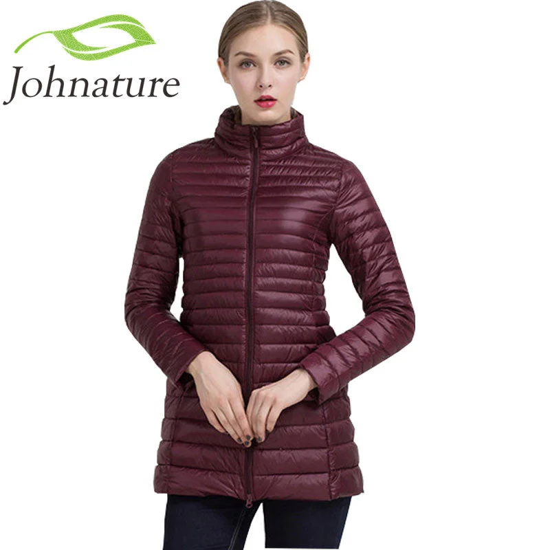 Camping JacketsJohnature 2018 Winter Warm New Women Long Thin Down Jacket Slim Korean Stand Collar White Duck Down Zipper Long Coat S-4XL