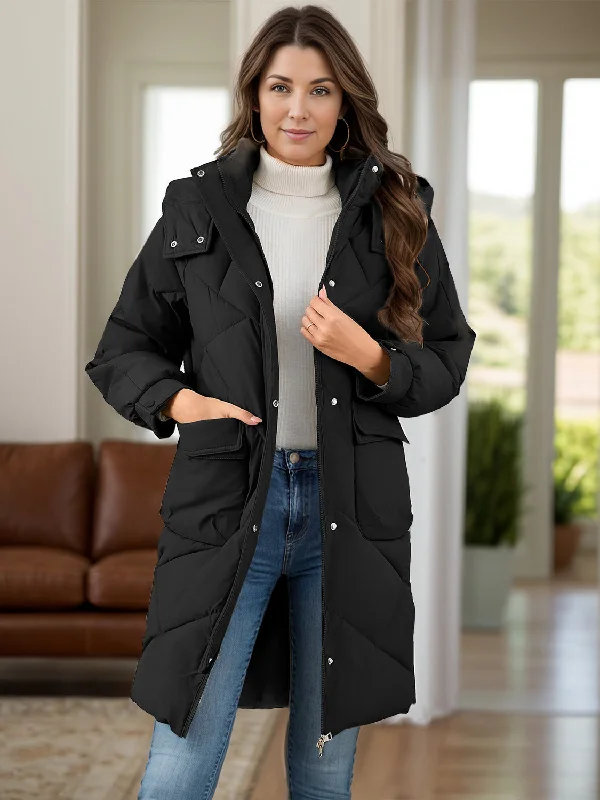 Hooded JacketsLong Sleeve Longline Hooded Winter Coat with Pockets