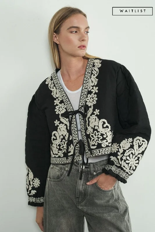 Trench CoatsWaitlist 11/18 ♥ Lori Long Sleeve Floral Embroidered Front Tie Quilted Shacket Black