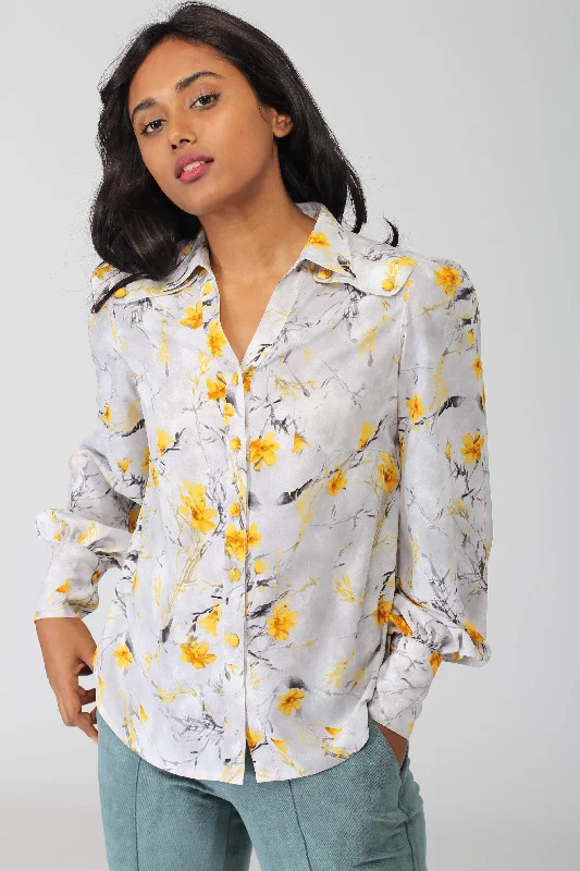 Zippered ShirtsMaine Curved Collar Shirt with Blouson Sleeves