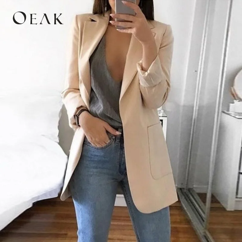 Fleece JacketsOEAK Spring Autumn Slim Fit Women Jackets Pockets Office Work Jacket Coat Elegant Business Lady chaquetas mujer invierno 2019