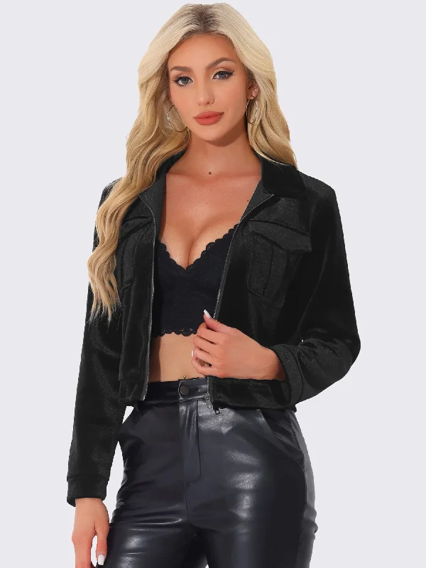 Leather-Paneled JacketsCollar Velvet Long Sleeve Zip Up Cropped Casual Jackets