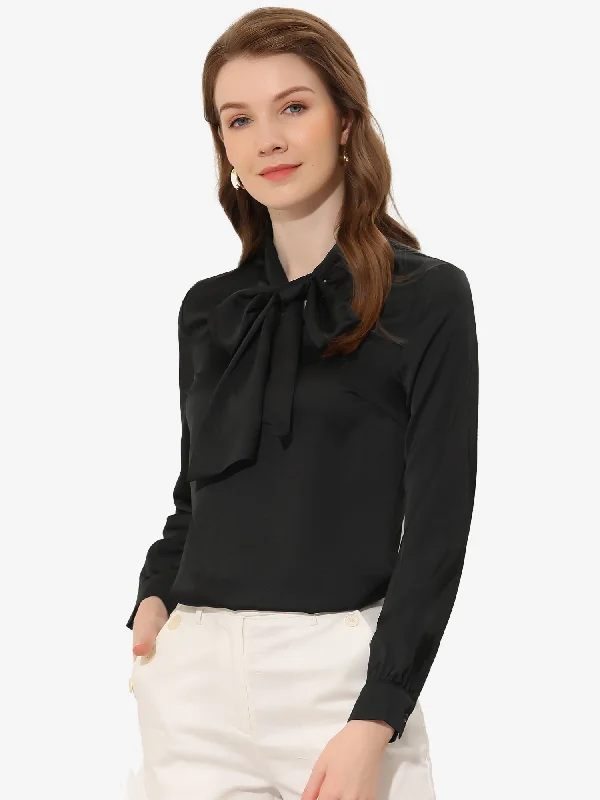 Longline ShirtsSatin Blouse Bow Tie Neck Solid Work Office Shirt