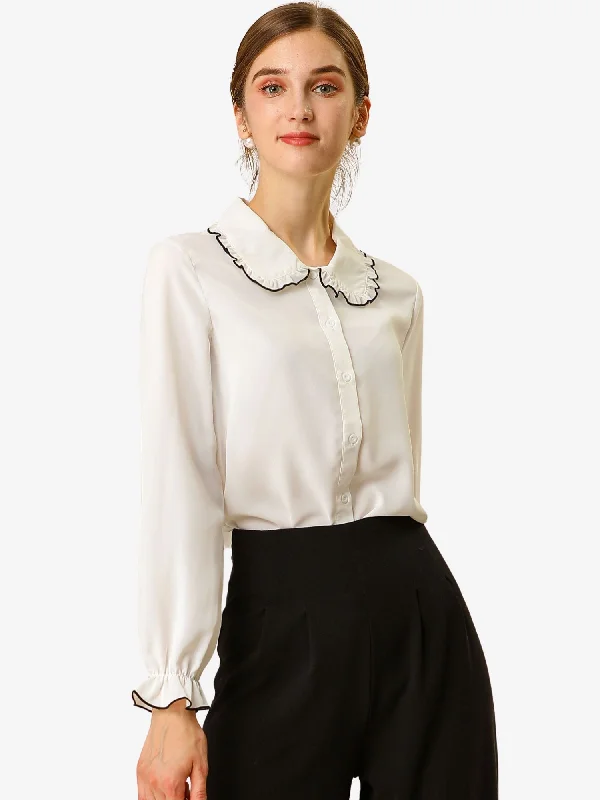 Metallic ShirtsSweet Ruffle Peter Pan Collar Long Sleeve Button Up Shirt