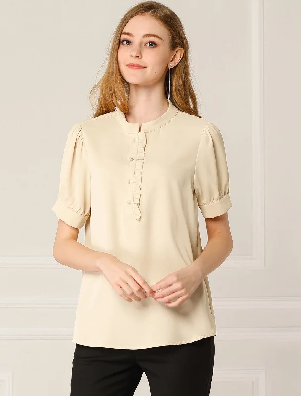 Lounge ShirtsWork Office Top Puff Sleeve Half Placket Ruffled Shirt Blouse