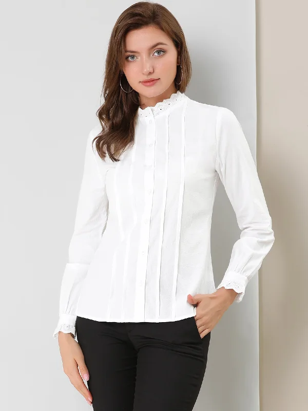 Cycling ShirtsMock Neck Lace Trim Pleated Button Down Work Office Blouse Shirt