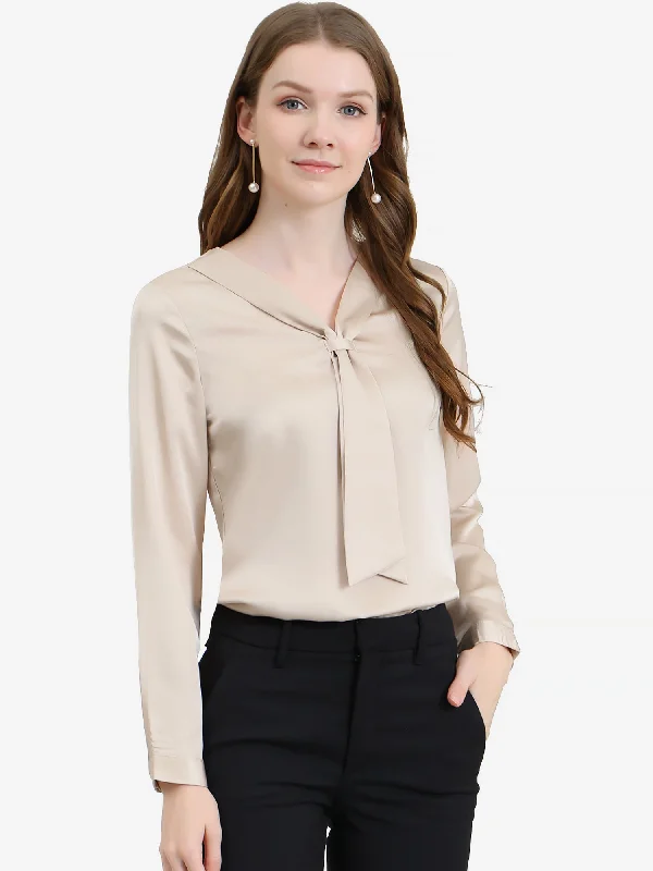 Bamboo ShirtsSatin Tie Neck Long Sleeve Solid Color Elegant Office Work Shirt Top