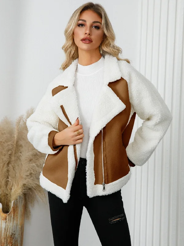 Faux Leather JacketsPocketed Sherpa Zip Up Long Sleeve Jacket