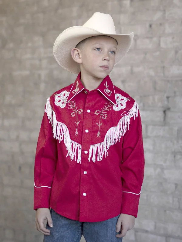 Linen ShirtsRockmount Kids Boys Red 100% Cotton Embroidered Fringe L/S Shirt