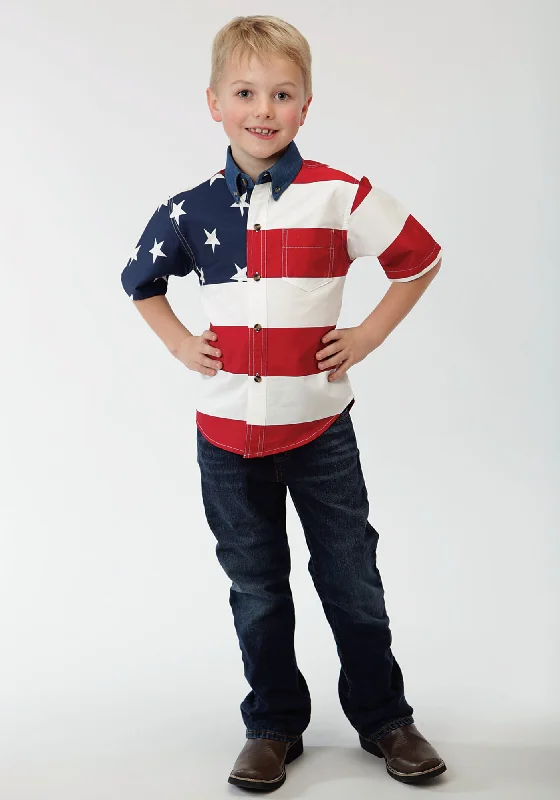 Compression ShirtsRoper Americana Boys White 100% Cotton Stars & Stripes S/S Button Shirt