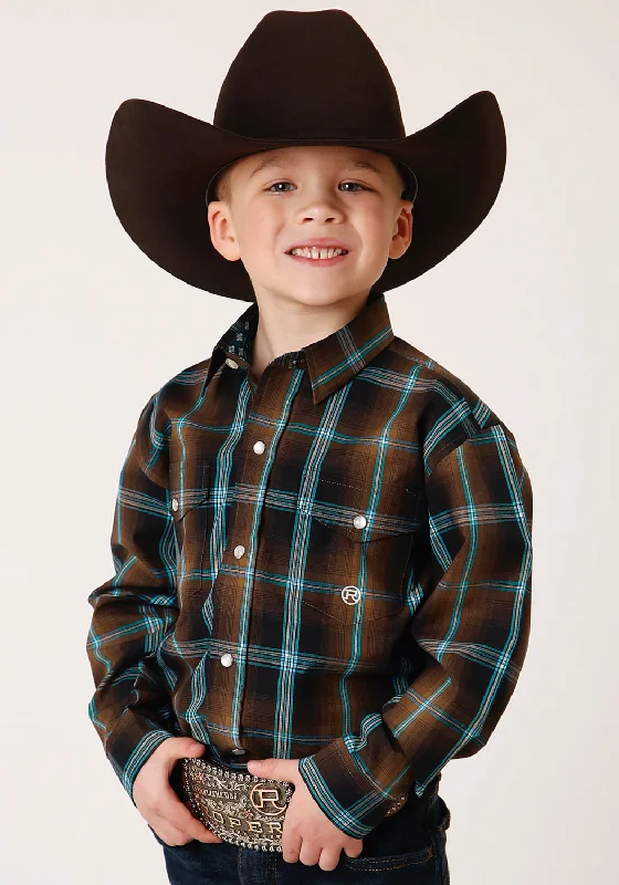 Chambray ShirtsRoper Boys Dark Chocolate 100% Cotton Plaid L/S Shirt