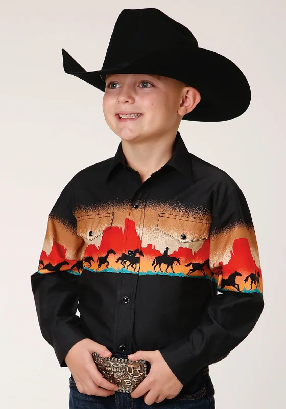 Formal ShirtsRoper Boys Kids Black 100% Cotton Red Mesa Scenic L/S Shirt