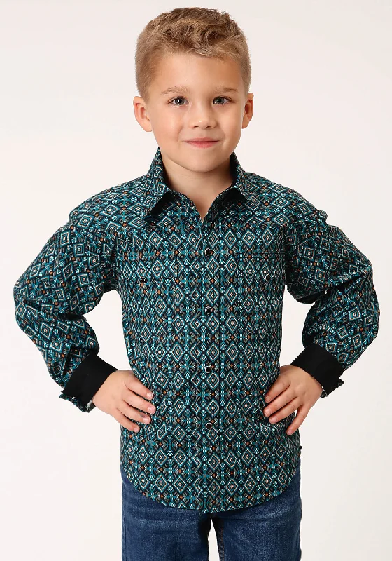 Sports Team ShirtsRoper Boys Kids Black/Green 100% Cotton Diamond Aztec L/S Shirt