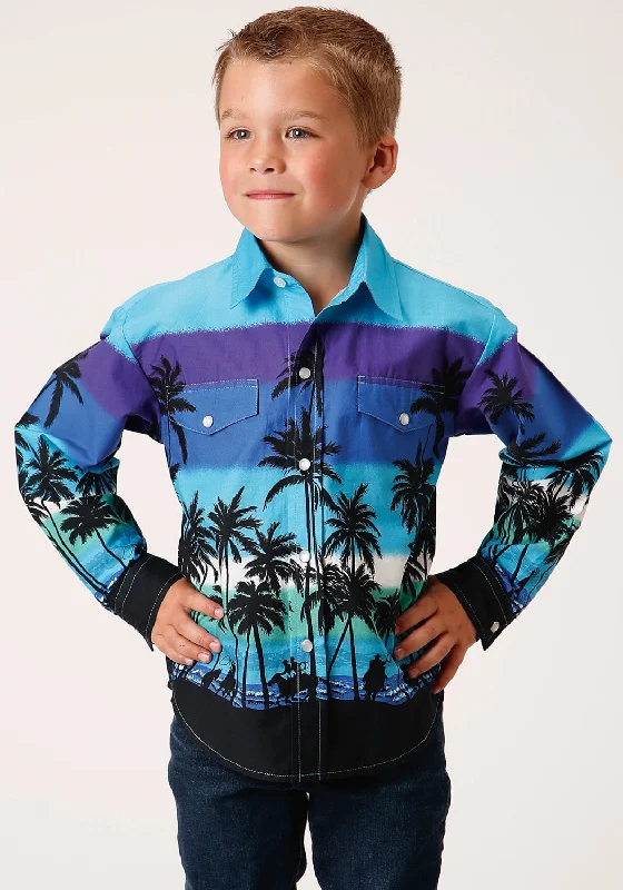 Casual ShirtsRoper Boys Kids Blue 100% Cotton Beach Roundup Border L/S Shirt