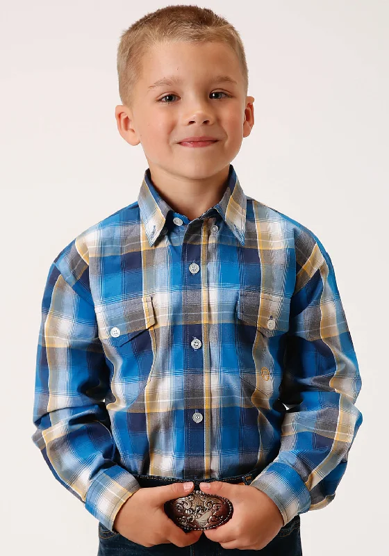 Hip-Hop ShirtsRoper Boys Kids Blue 100% Cotton Clear Sky Plaid BD L/S Button Shirt