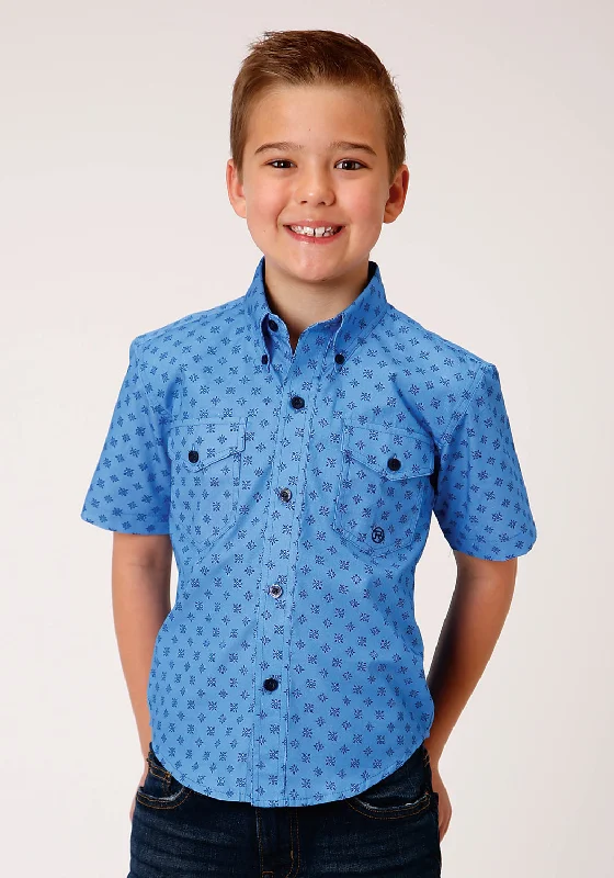 Relaxed Fit ShirtsRoper Boys Kids Blue 100% Cotton Cottage Foulard BD S/S Button Shirt