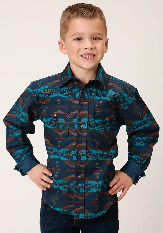 Lace-Up ShirtsRoper Boys Kids Blue 100% Cotton Turquoise Blanket BD L/S Shirt