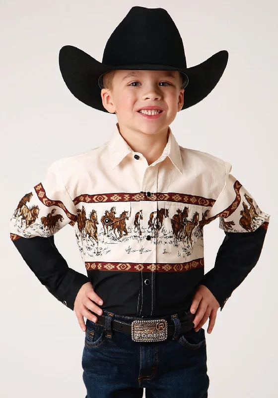 Tunic ShirtsRoper Boys Kids Brown 100% Cotton Running Horse Border L/S Shirt