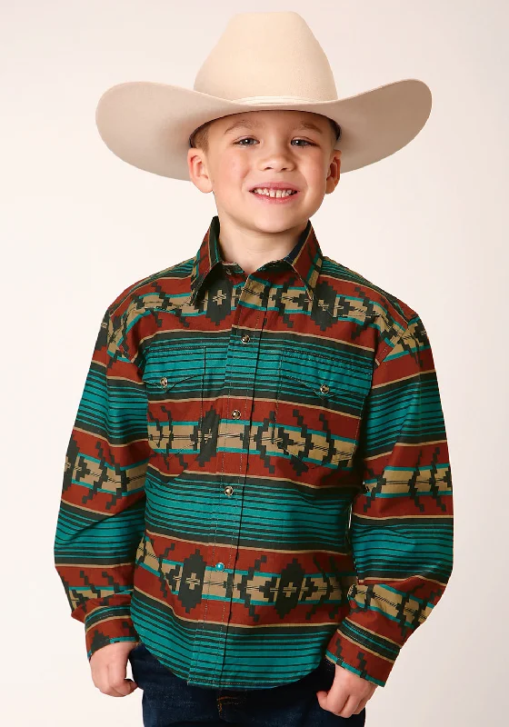 Sequined ShirtsRoper Boys Kids Green/Brown 100% Cotton Ombre Aztec L/S Stripe Shirt