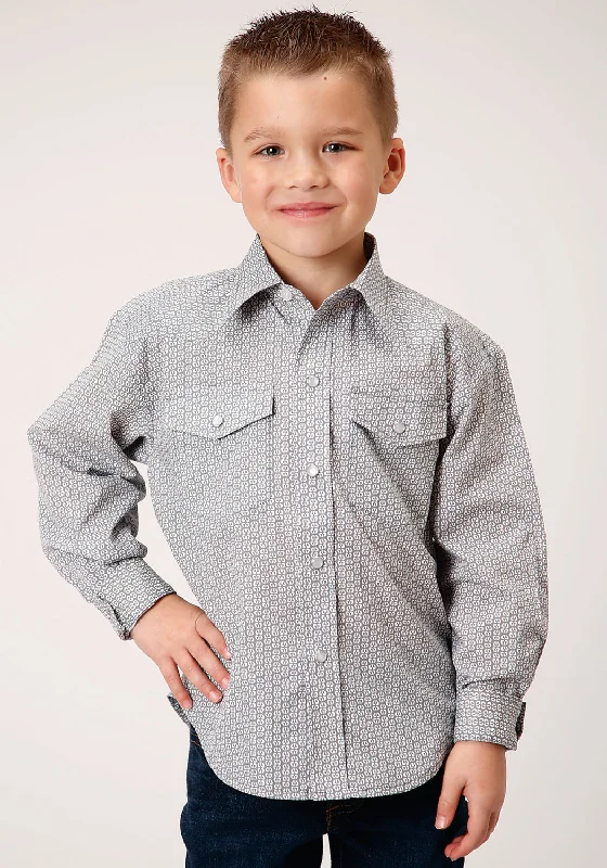 Peplum ShirtsRoper Boys Kids Grey/White Cotton Blend Snap Print L/S Shirt