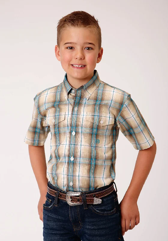 Silk ShirtsRoper Boys Kids Khaki/Blue 100% Cotton Saddle Plaid BD S/S Shirt