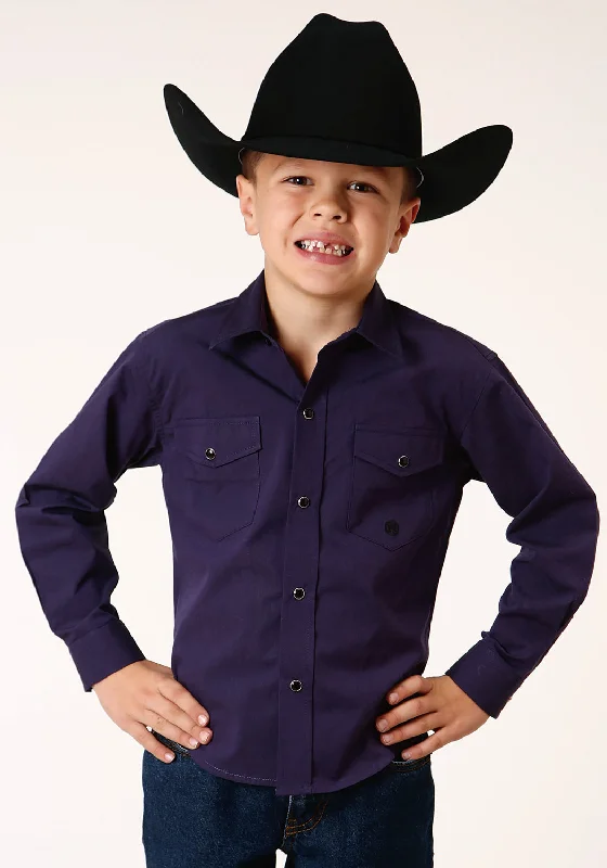 Cashmere ShirtsRoper Boys Kids Purple 100% Cotton Solid Black Fill L/S Shirt