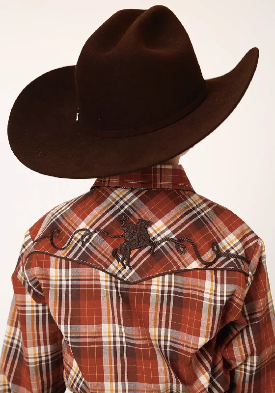 Quick-Dry ShirtsRoper Boys Kids Rust/Brown Cotton Blend Bronc Rider L/S Plaid Shirt