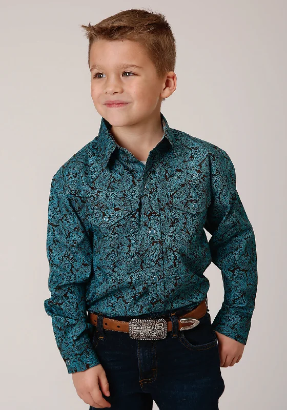 Bamboo ShirtsRoper Boys Kids Turquoise 100% Cotton Agave Paisley L/S Shirt