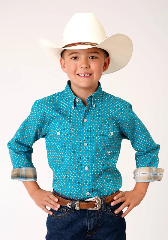 Ribbed Cuff ShirtsRoper Boys Kids Turquoise 100% Cotton Foulard BD L/S Button Shirt