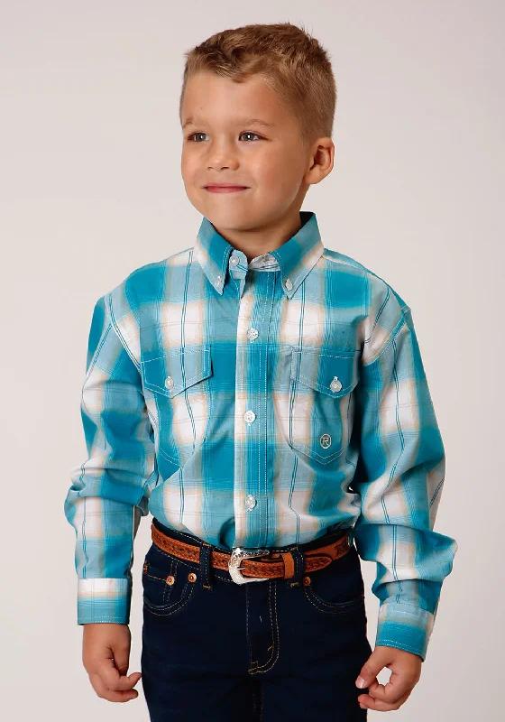 Formal ShirtsRoper Boys Kids Turquoise 100% Cotton Sand Ombre Plaid BD L/S Shirt