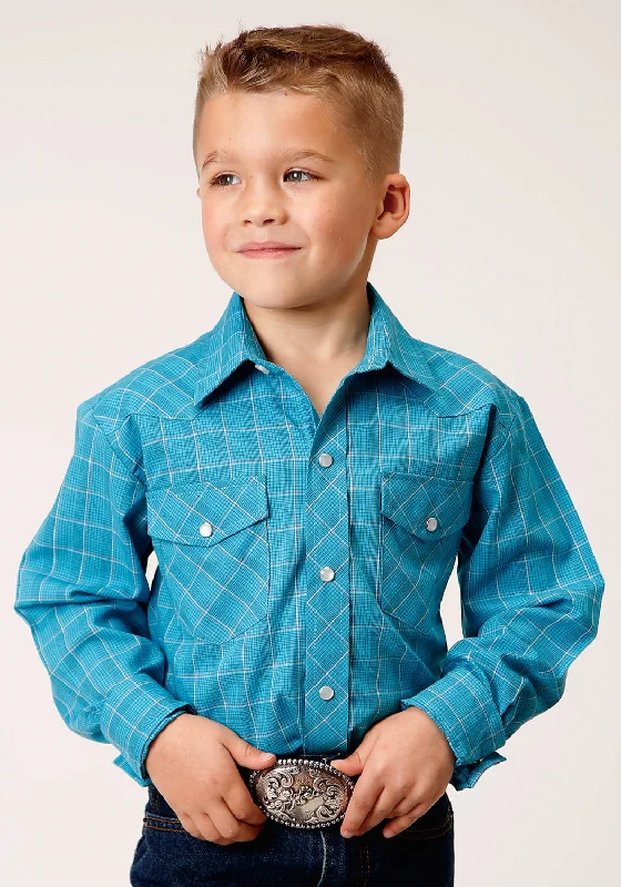 Athletic ShirtsRoper Boys Kids Turquoise/Black Cotton Blend Windowpane L/S Shirt