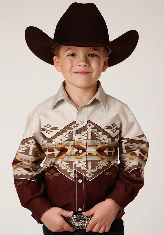 Zippered ShirtsRoper Boys Kids Wine/Brown 100% Cotton Arizona Aztec Border L/S Shirt