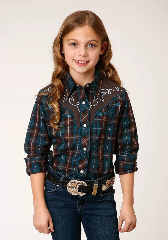 Lounge ShirtsRoper Girls Brown/Teal Cotton Blend Windowpane L/S Plaid Shirt